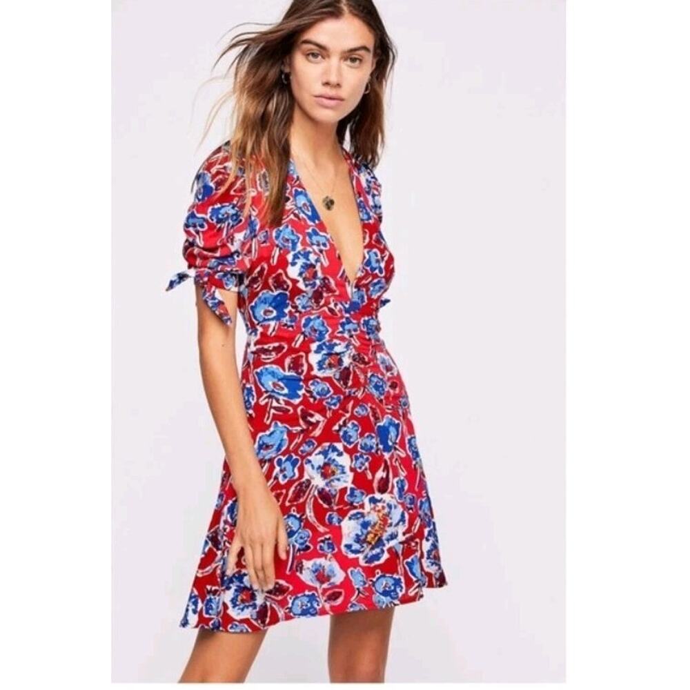 Free People Glow Up Blue Floral Feminine Short Tie Sleeve Mini Dress Size 8
